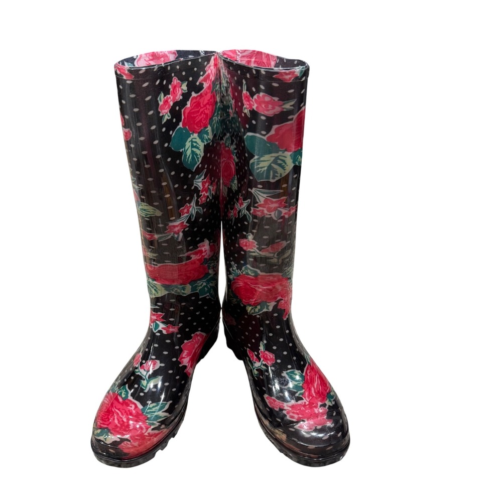 Capelli New York Womens Rubber Rain Boots Red Rose Floral Polka Dot Black Size 6